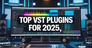 A futuristic digital audio workstation showcasing top VST plugins for 2025, with colorful waveforms and sound spectrums on a modern computer screen, set in a high-tech music studio.